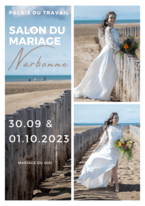 Affiche salon du mariage à Narbonne, Le week end du 30 septembre et 1er octobre 2023, événements mariage en Occitanie, salon du mariage Narbonne