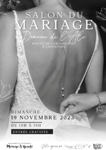 Affiche salon du mariage, salon mariage Béziers, Domaine de l'Ale Capestang, date le 19 novembre 2023, événements mariage Occitanie, partenaire du magazine