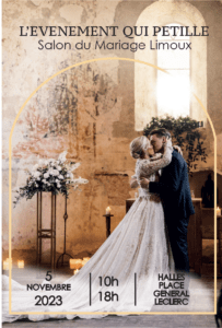 affiche salon du mariage, date le 5 novembre 2023, salon du mariage à Limoux, événements mariage carcassonne, partenaire du magazine mariage et beauté