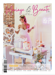 couverture magazine Mariage et Beauté, édition 8, mariage, gâteaux, robe de mariée courte, desserte blanche décoration mariage, back drop mariage, néon let's party