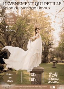 affiche salon du mariage de Limoux, janvier 2026, salon du mariage Carcassonne 2026, salon du mariage Occitanie