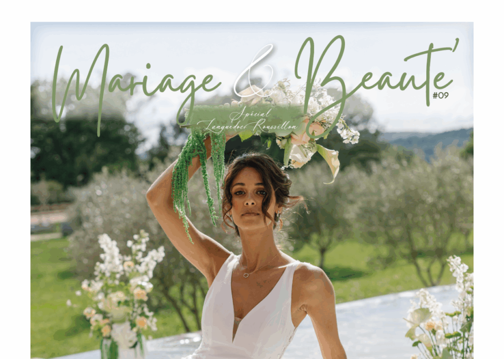 Design sans titre (1) couverture Mariage & Beauté Magazine, numéro 9, années 2025 et 2026, magazine de mariage Montpellier, magazine de mariage Occitanie, magazine de mariage Nîmes, magazine de mariage Perpignan, blog mariage France