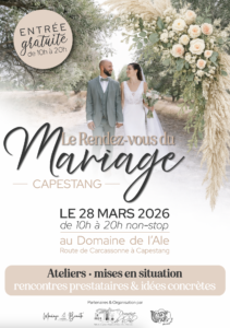 Affiche salon du mariage Béziers, 28 et 29 mars 2026, salon du mariage Occitanie, salon du mariage Hérault, salon du mariage au Domaine de l'Ale à Capestang