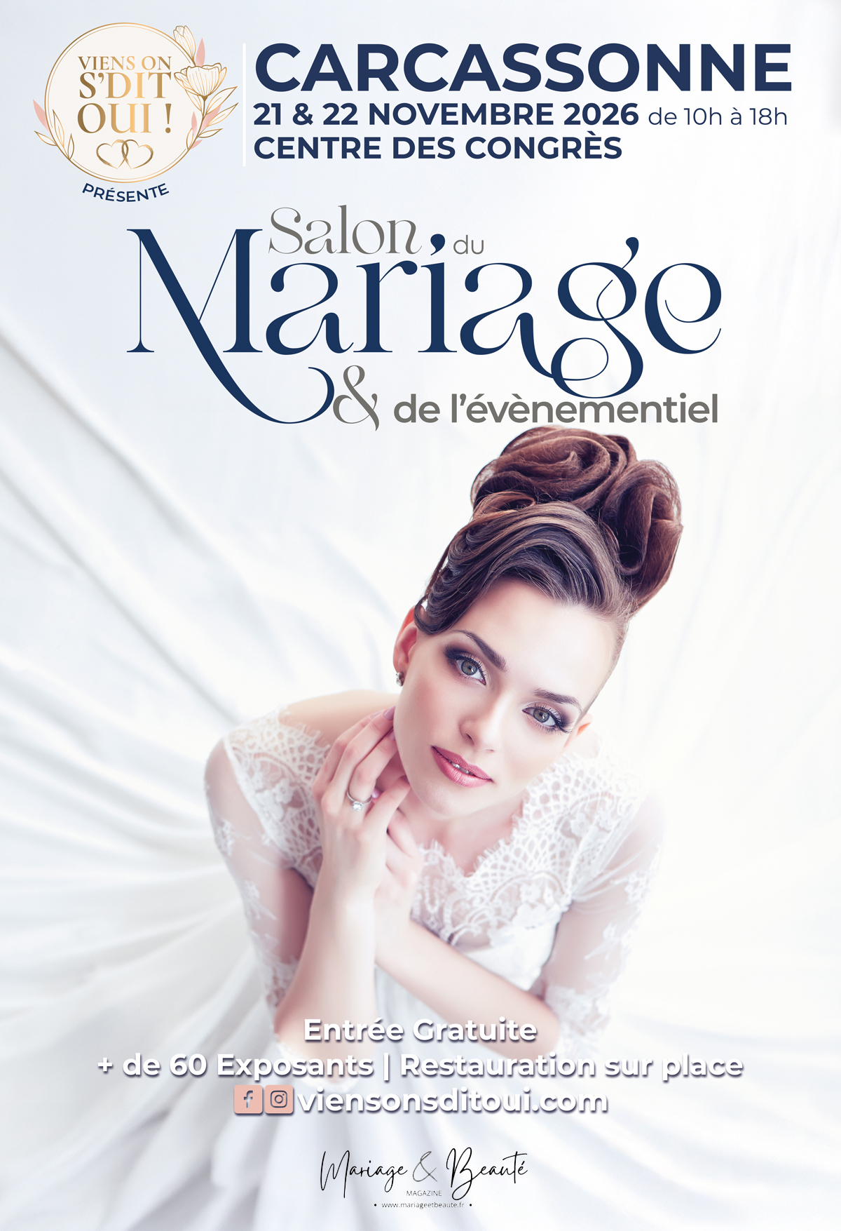 affiche salon du mariage de Carcassonne, Centre des Congrès de Carcassonne, les 21 et 22 novembre 2026, salon du mariage Occitanie, salon du mariage Aude, événements mariage dans l'Aude