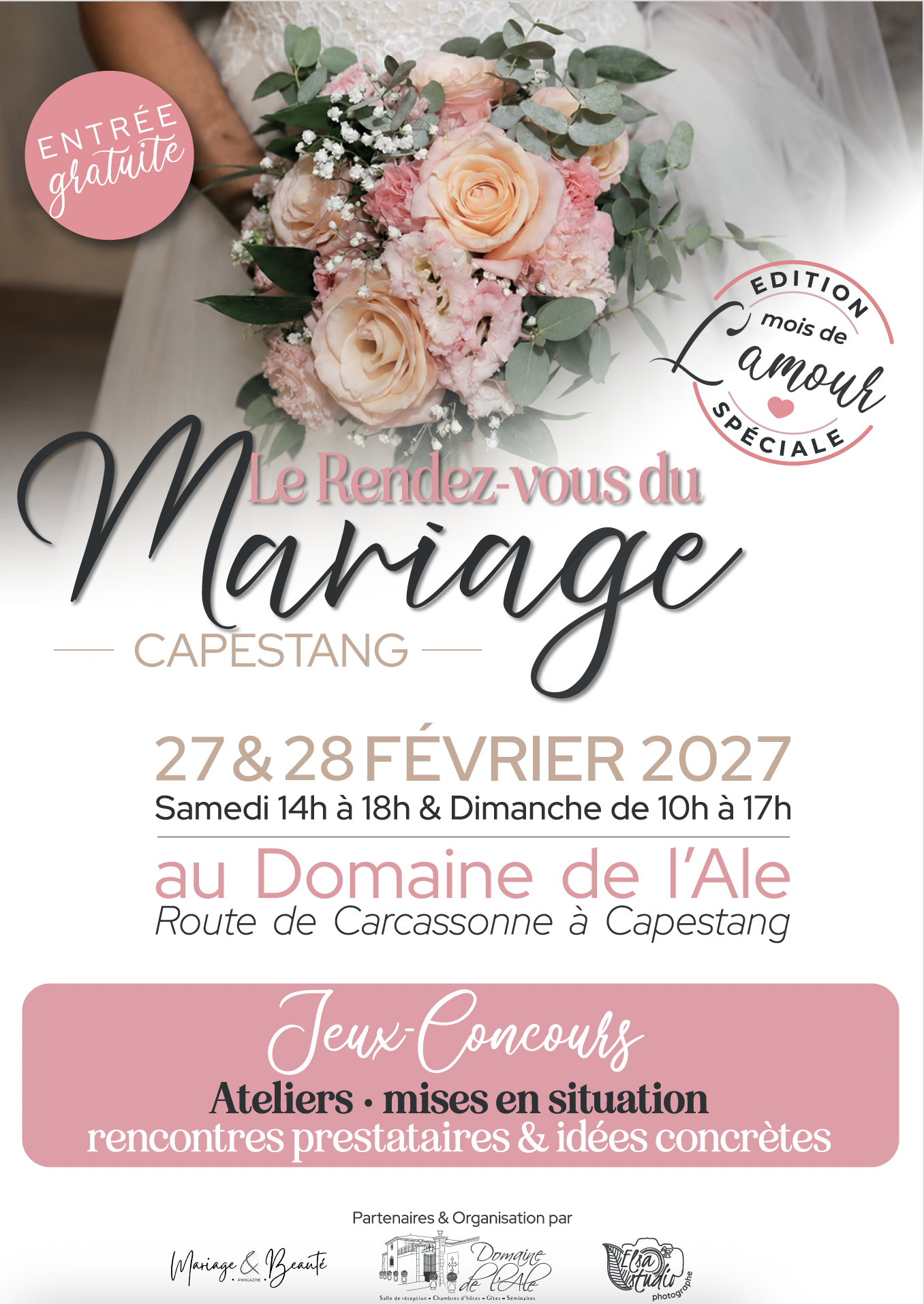 Affiche salon du mariage Béziers- Capestang, les 27 et 28 février 2027, au Domaine de l'Ale à Capestang près de Béziers, dates salons du mariage Béziers, salons du mariage Béziers, agenda mariage en Occitanie