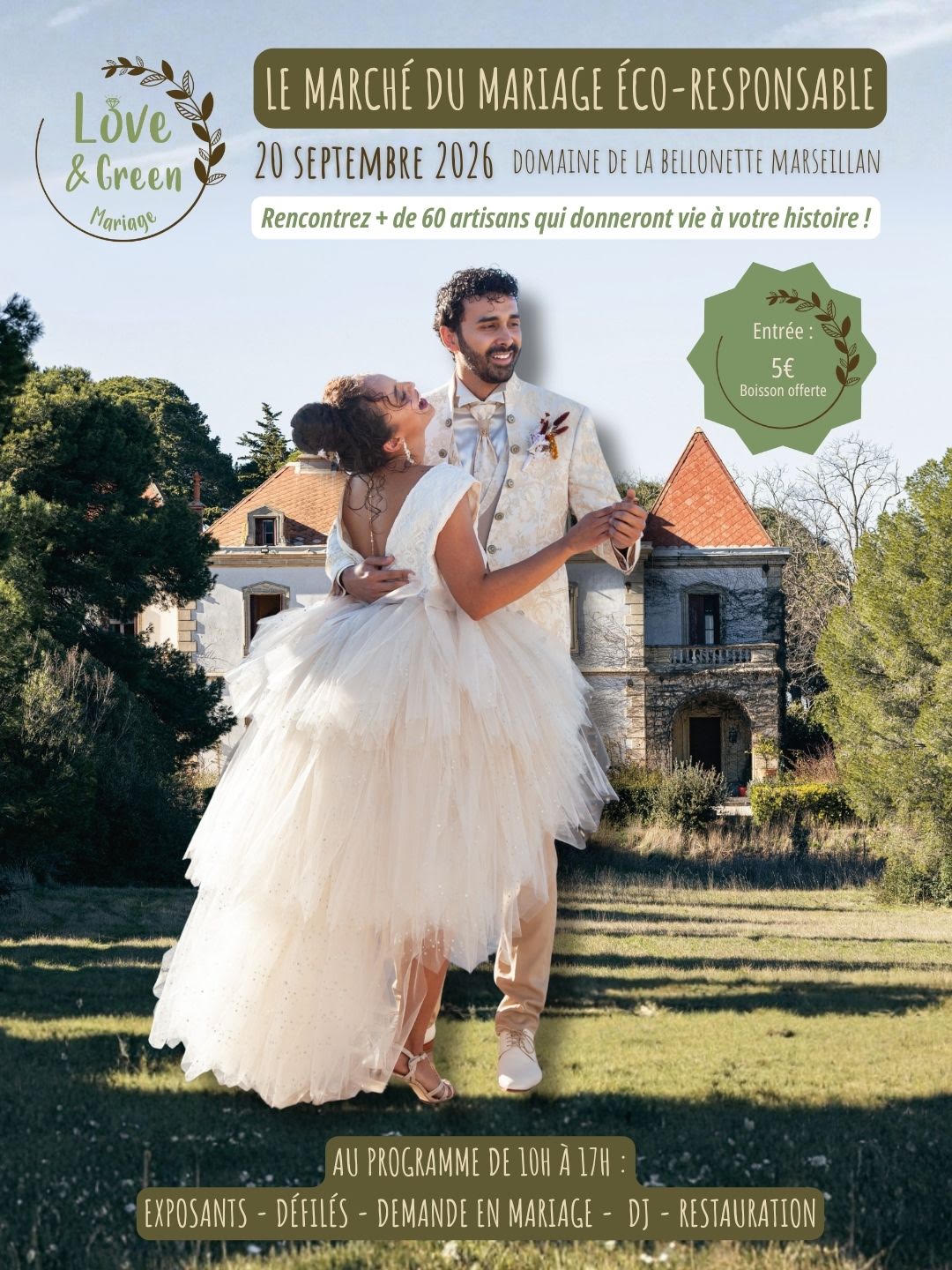 Affiche LOVE & Green, salon du mariage Marseillan, 20 septembre 2026, salon du mariage Occitanie, salon du mariage Hérault, salon du mariage Béziers, salon du mariage Agde, salon du mariage Montpellier
